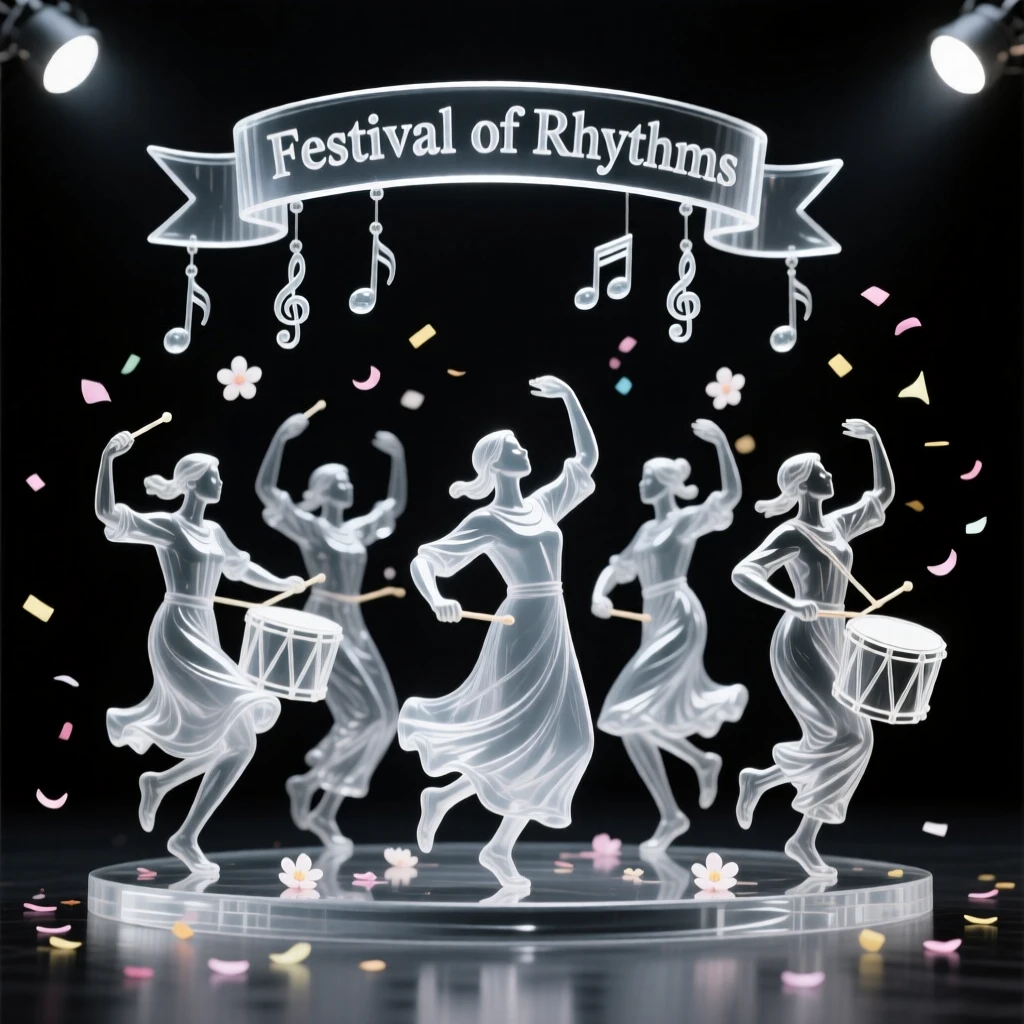 With music and drumbeats echoing through the streets, a group performing a traditional dance beneath festival banners, while confetti and petals drift through the evening air