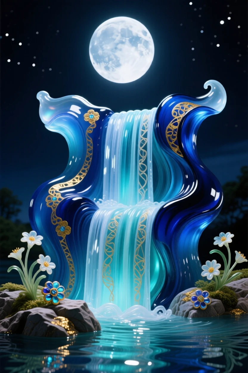 A grand waterfall glowing beneath the soft light of a rising full moon at midnight, mystical and serene.