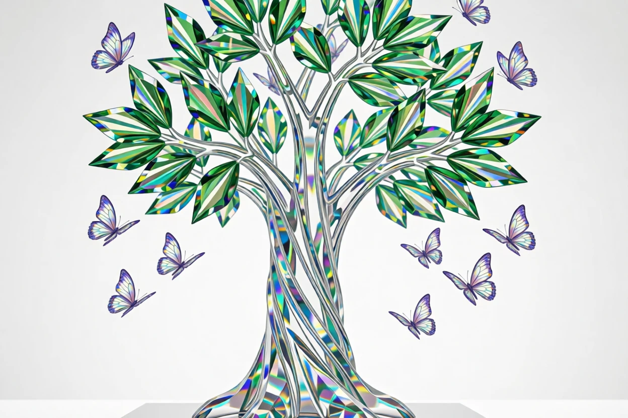 A dreamlike tree whose leaves transform into butterflies as they fall.