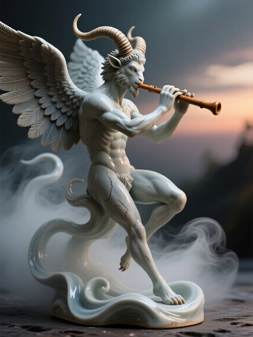 A horned faun playing a wooden flute emerging dramatically from a swirl of mist, its wings catching the last light of dusk, filling the scene with mysterious, otherworldly beauty.