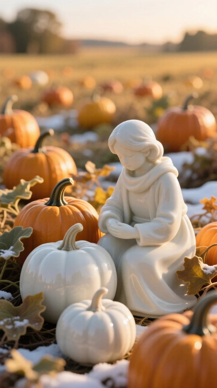 A cozy winter moment: a field of pumpkins at golden hour, full of gentle, cozy charm.