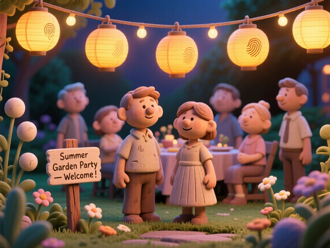 A summer garden party beneath strings of glowing lanterns