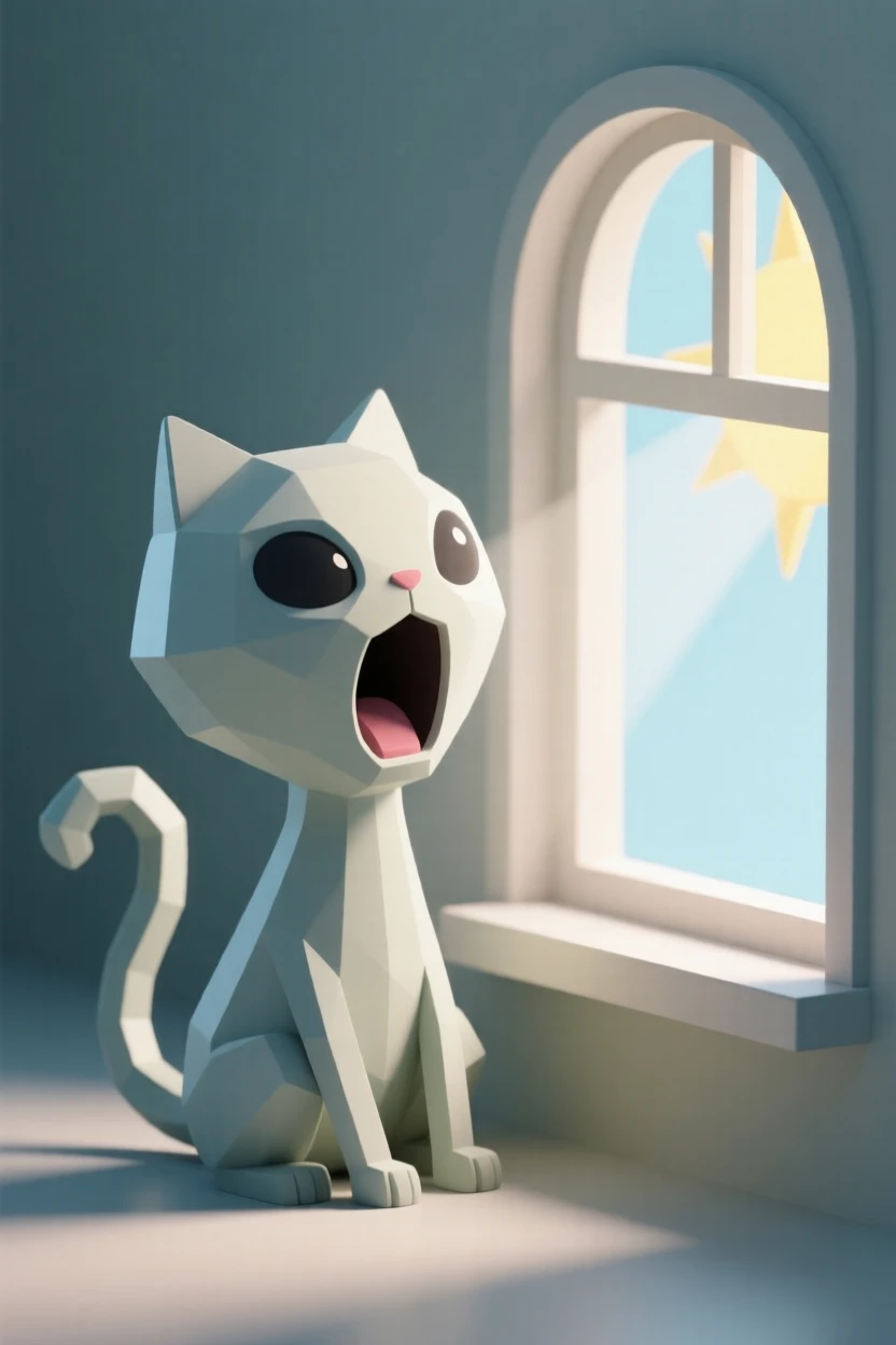 A playful shape-shifting alien mimics a house cat's yawn, tail curling with amused curiosity beside a sunny windowsill.