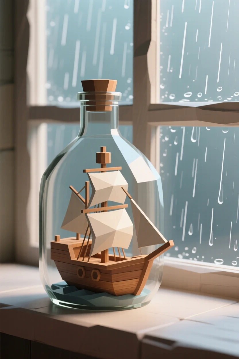 A wooden ship in a glass bottle, beside a rain-streaked window. fine textures and material details are clearly visible. The atmosphere feels cozy and personal.