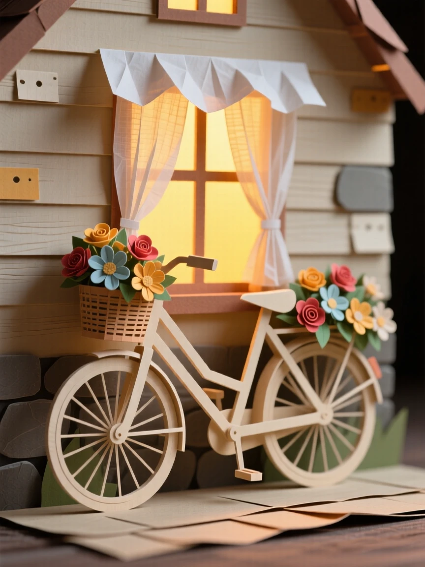 A flower-covered bicycle leaning against a cottage wall glowing warmly in the evening, with sheer curtains fluttering in the breeze, capturing simple everyday beauty.