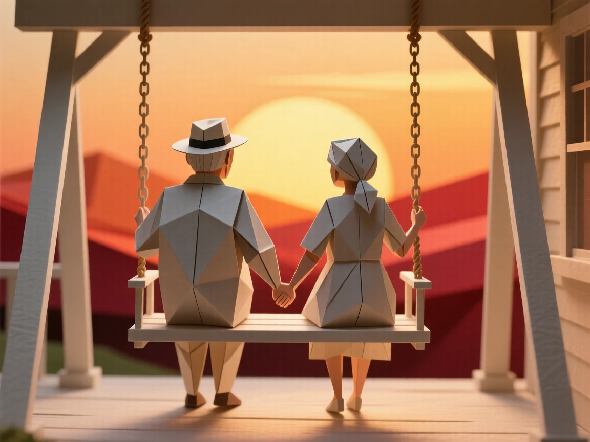 An elderly couple holding hands while watching a sunset from their porch swing.