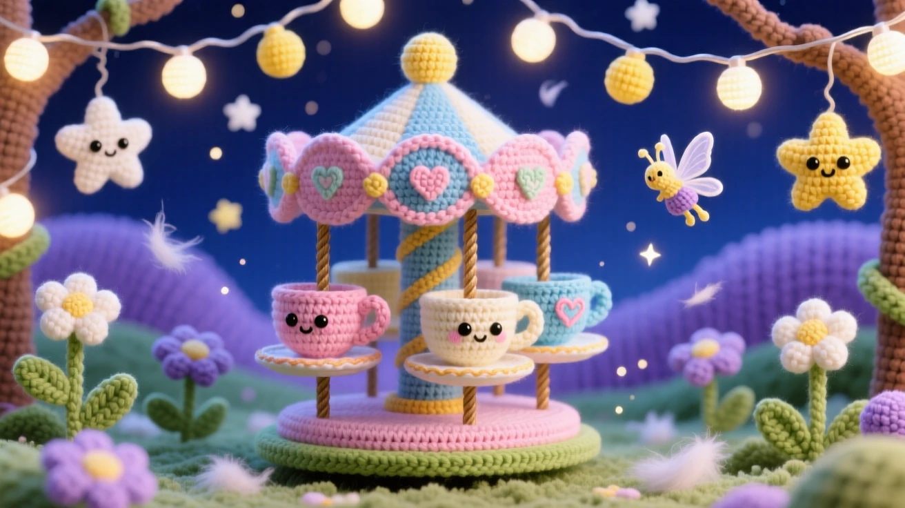 a miniature carousel built from teacups and saucers, spinning gently in a garden, lit by strings of tiny fairy lights, drifting through a sky scattered with stars, with a scattering of stardust in the air, evoking cozy, whimsical enchantment.