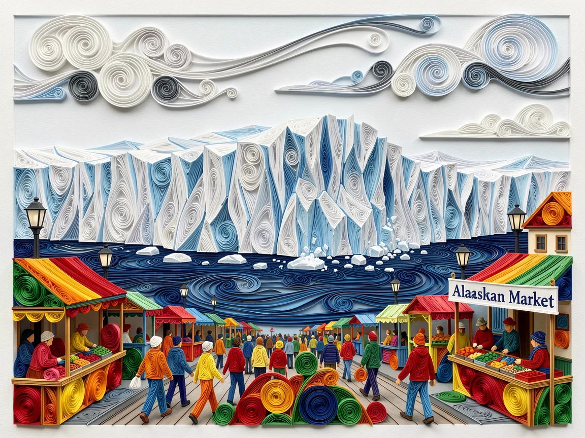 an Alaskan glacier calving into deep blue water, surrounded by bustling, colorful street life, composed with strong leading lines drawing the eye inward, with delicate clouds streaked across the horizon.