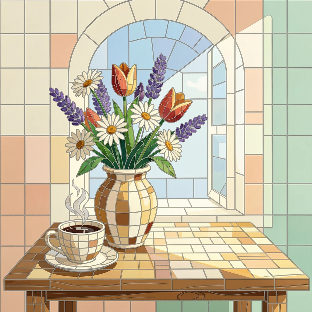 A sunlit kitchen table set with fresh flowers and morning coffee, with soft warm lighting and an inviting, peaceful atmosphere.