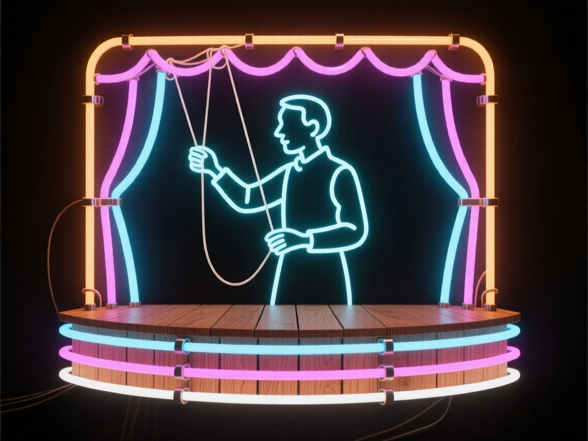 A puppeteer performing behind a small wooden stage.