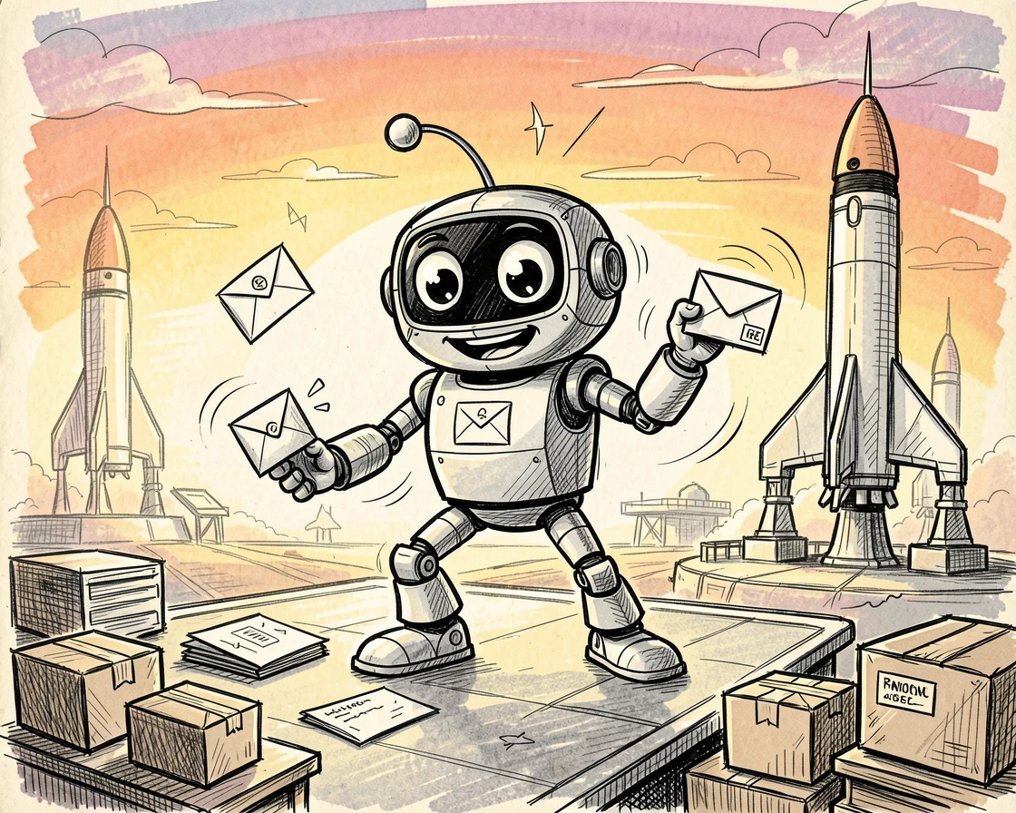A mail-sorting robot assistant in a busy post office on a launch pad at sunrise.