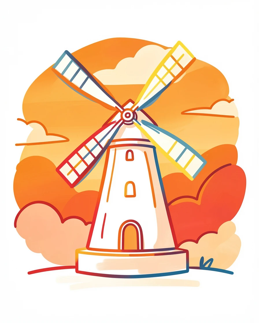 A traditional windmill standing against a fiery orange sunset.