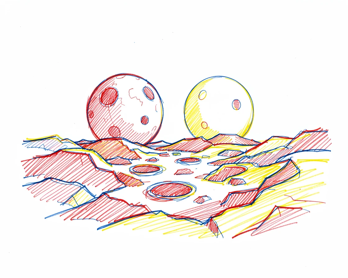 A cratered alien landscape beneath two moons rising together