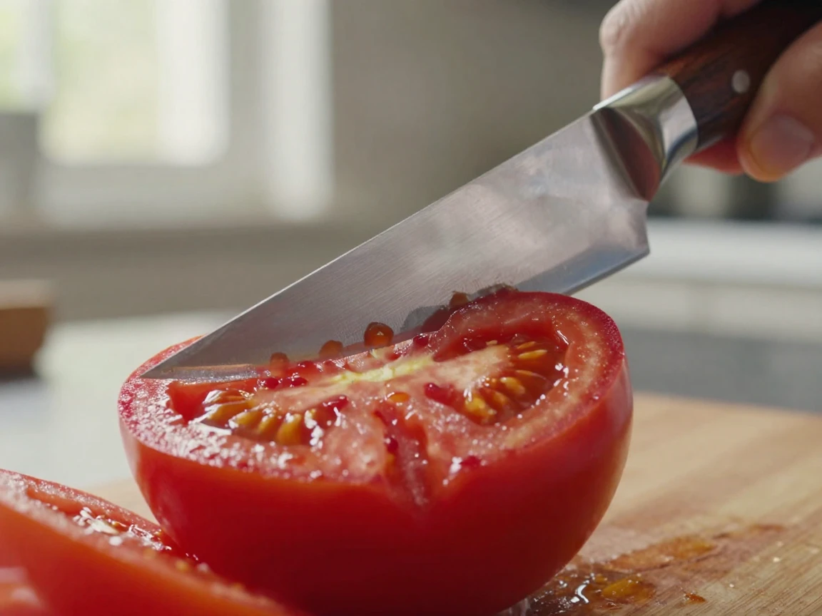 A close-up of a chef's knife slicing through a ripe tomato