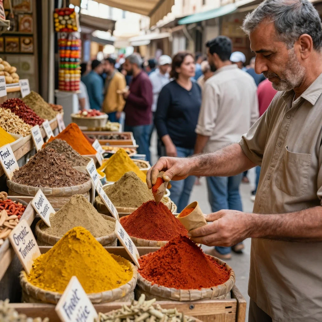 A spice merchant scoops fragrant powders into paper cones at a bustling souk.