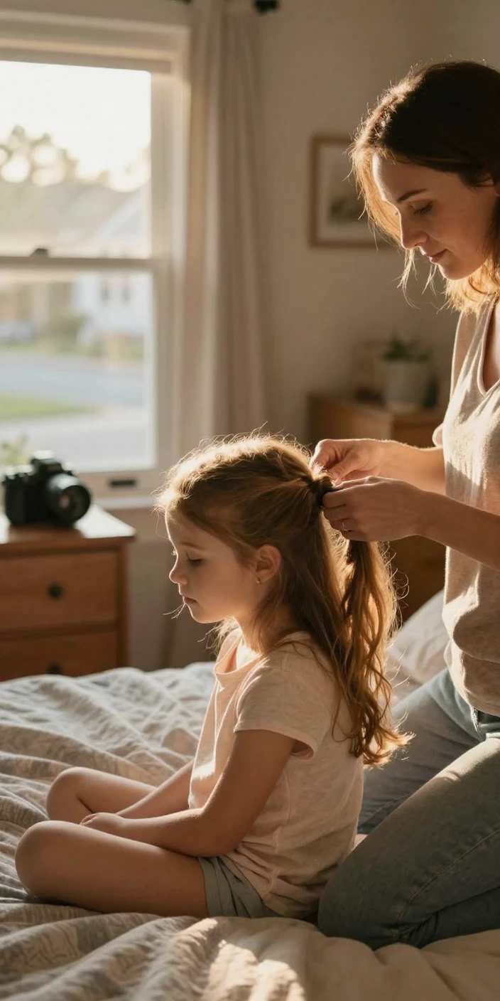 A mother braiding her daughter's hair before school, morning light streaming through the window