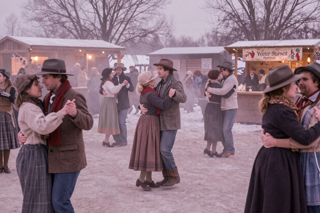 A crowd celebrating a harvest festival with music and dancing, in low lamplight, as heat shimmers over the ground, in the depths of winter, in dusty lavender and rose tones, from a wide establishing view.