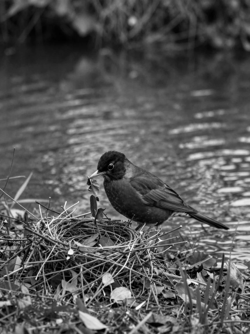 A robin builds a nest from twigs and leaves along a quiet riverbank.