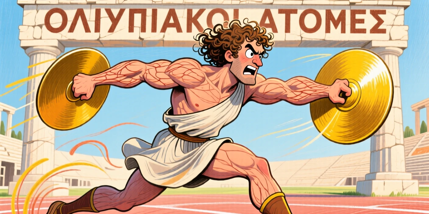 An ancient Greek Olympic athlete hurling a discus with powerful form.