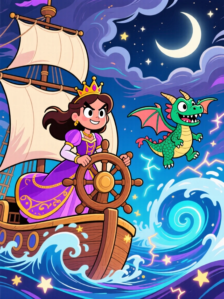 An imaginative fantasy scene of a clever princess steering a ship through a swirling magical storm, with a loyal companion creature close behind.