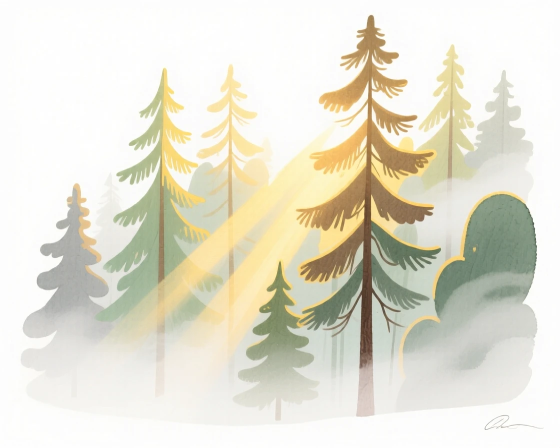A serene landscape of a misty pine forest with sunlight streaming through the trees bathed in warm afternoon sun