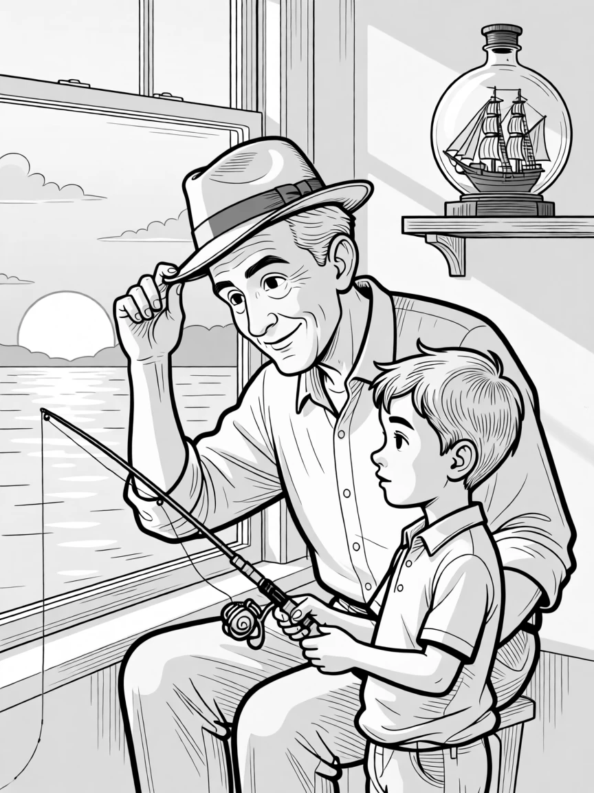 An elderly man teaching his grandson to fish, tipping a hat toward the setting sun, set by a window with soft afternoon light. A ship-in-a-bottle sits proudly on a nearby shelf. The image honors a lifetime of stories worth telling.