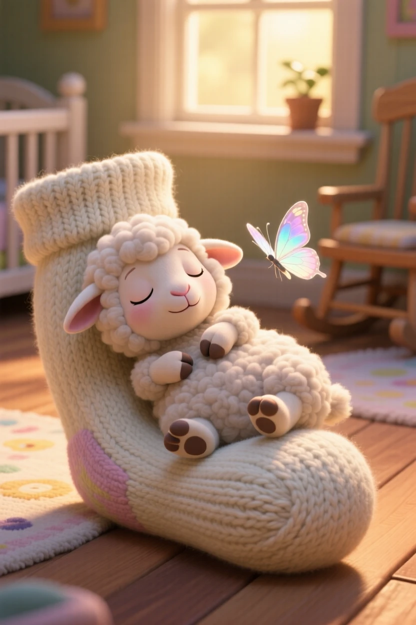 A fluffy lamb is snuggled inside a woolly sock, rolling gently onto its back. A gentle, sleepy calm fills the moment, with a small butterfly resting nearby.