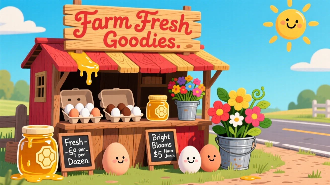 A farmstand selling fresh eggs, honey, and flowers by the roadside.