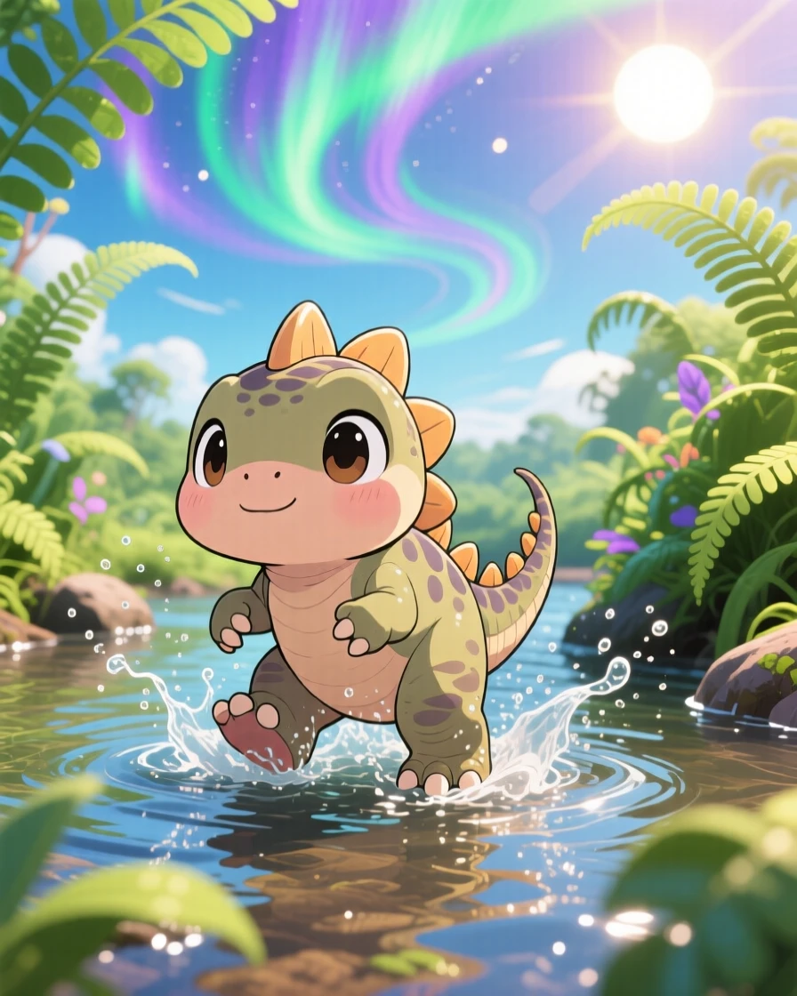 A baby stegosaurus splashing through a shallow prehistoric river, framed as an extreme close-up within a fern-covered riverbank, beneath swirling aurora-lit skies, glowing under bright midday sun, evoking peaceful calm.