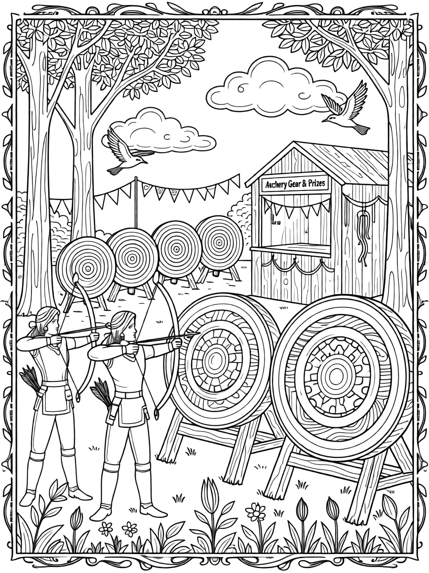 An archery festival scene with colorful targets.