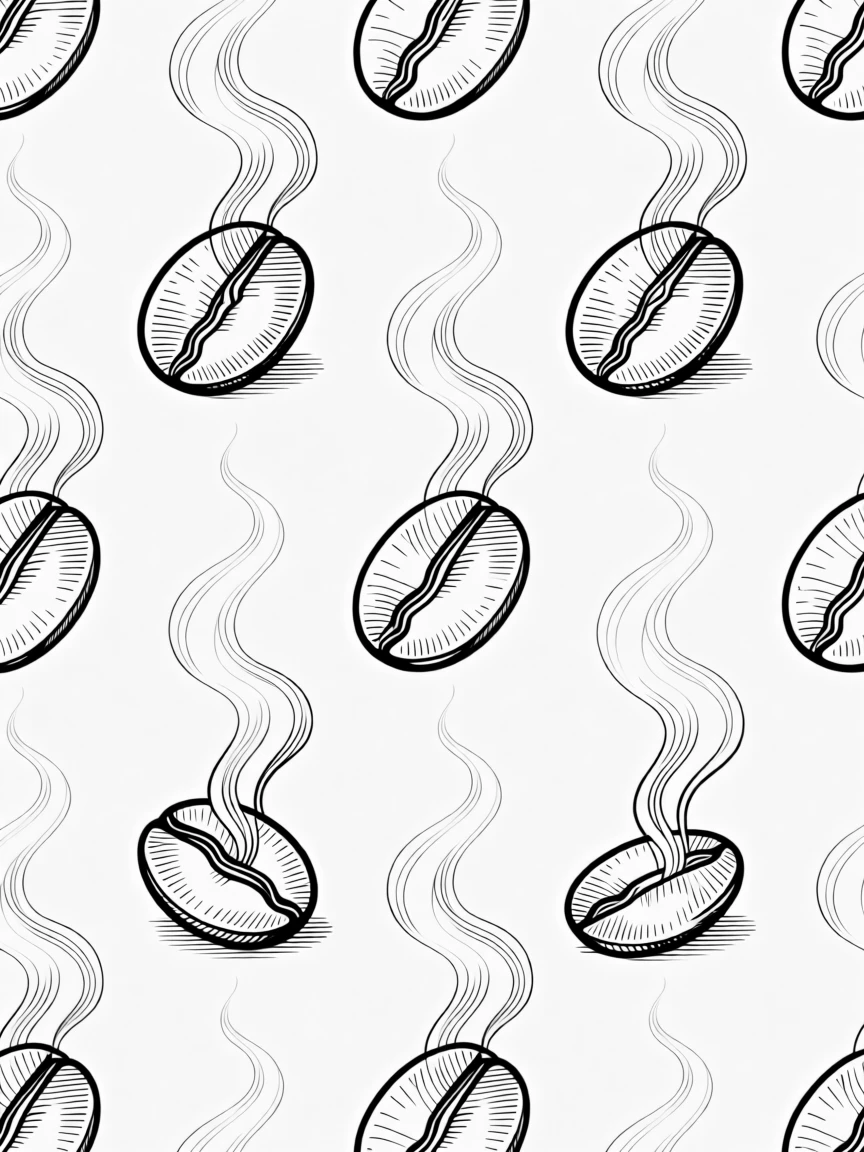 A repeating pattern of coffee beans and steam swirls