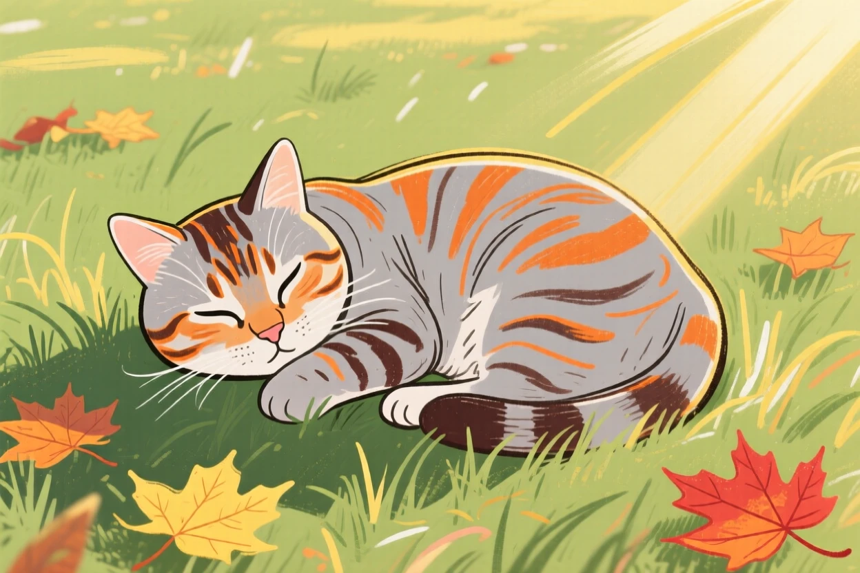 A tabby cat curled up together in a sunlit meadow on a crisp autumn day.