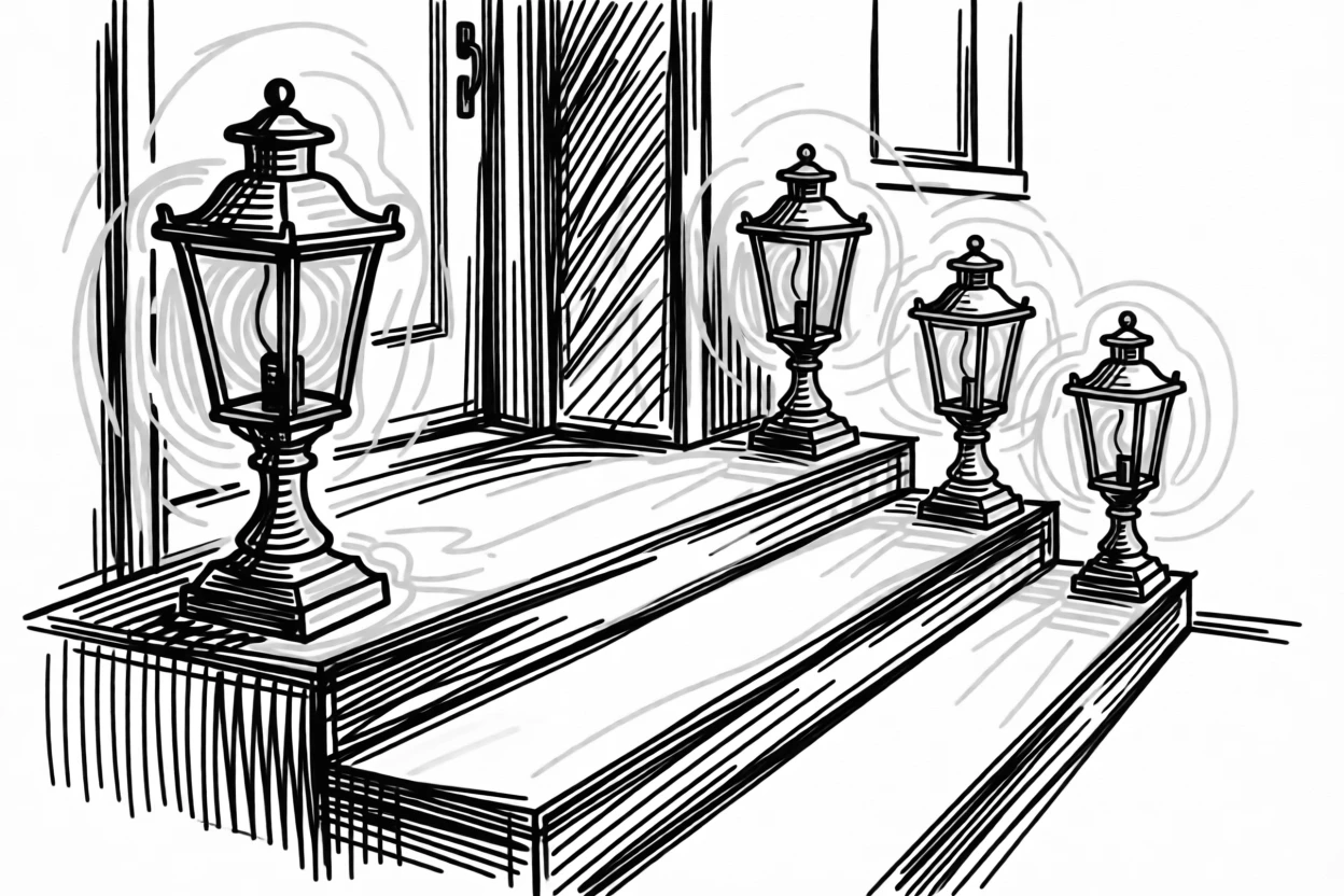 A festive Diwali scene with rows of glowing lamps along a doorstep.
