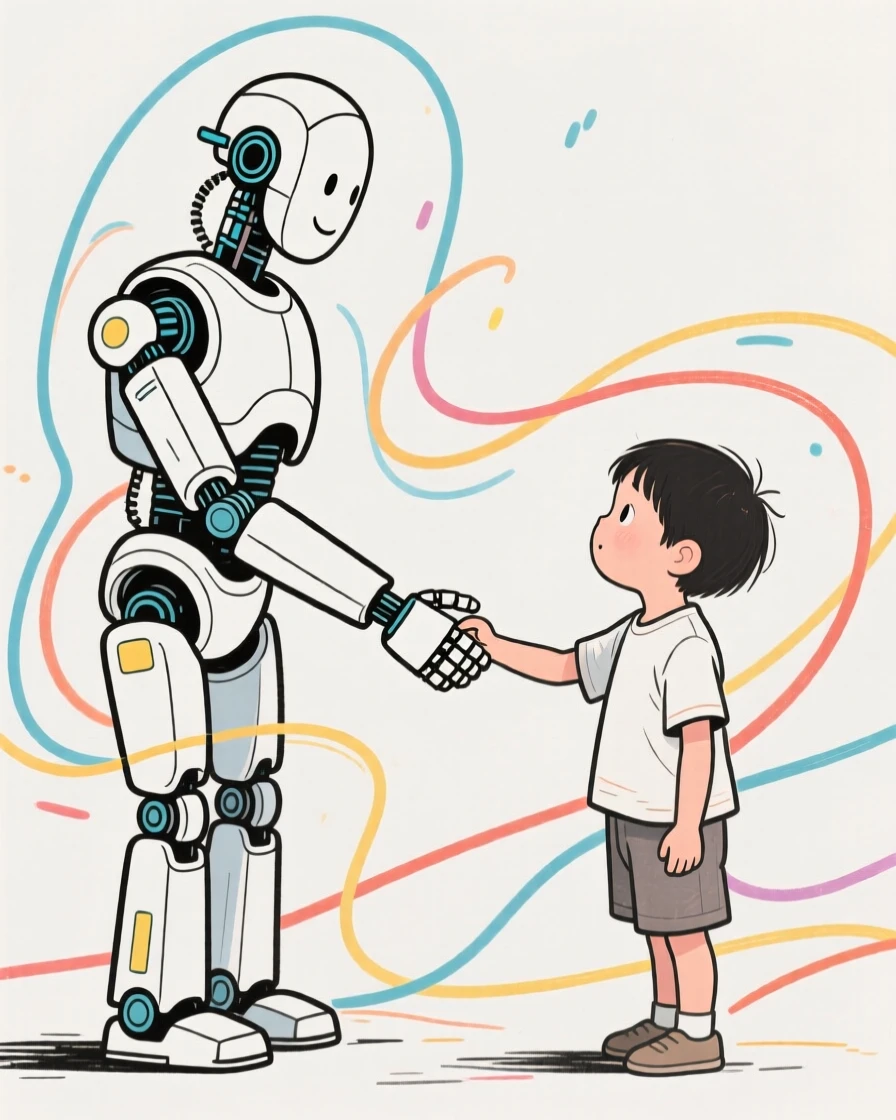 A humanoid robot shaking hands with a curious child.