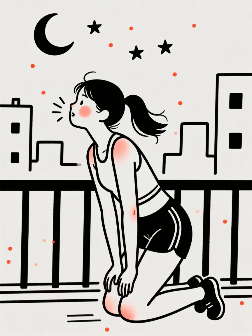 A marathon runner catching her breath, full of curious wonder, on a city balcony at night.