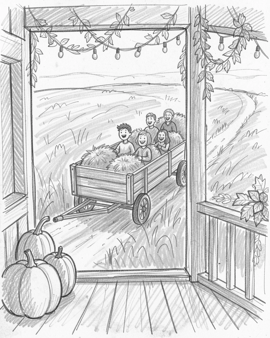 A joyful holiday moment: a autumn hayride through golden fields on a decorated porch, with laughter and joy filling the scene.