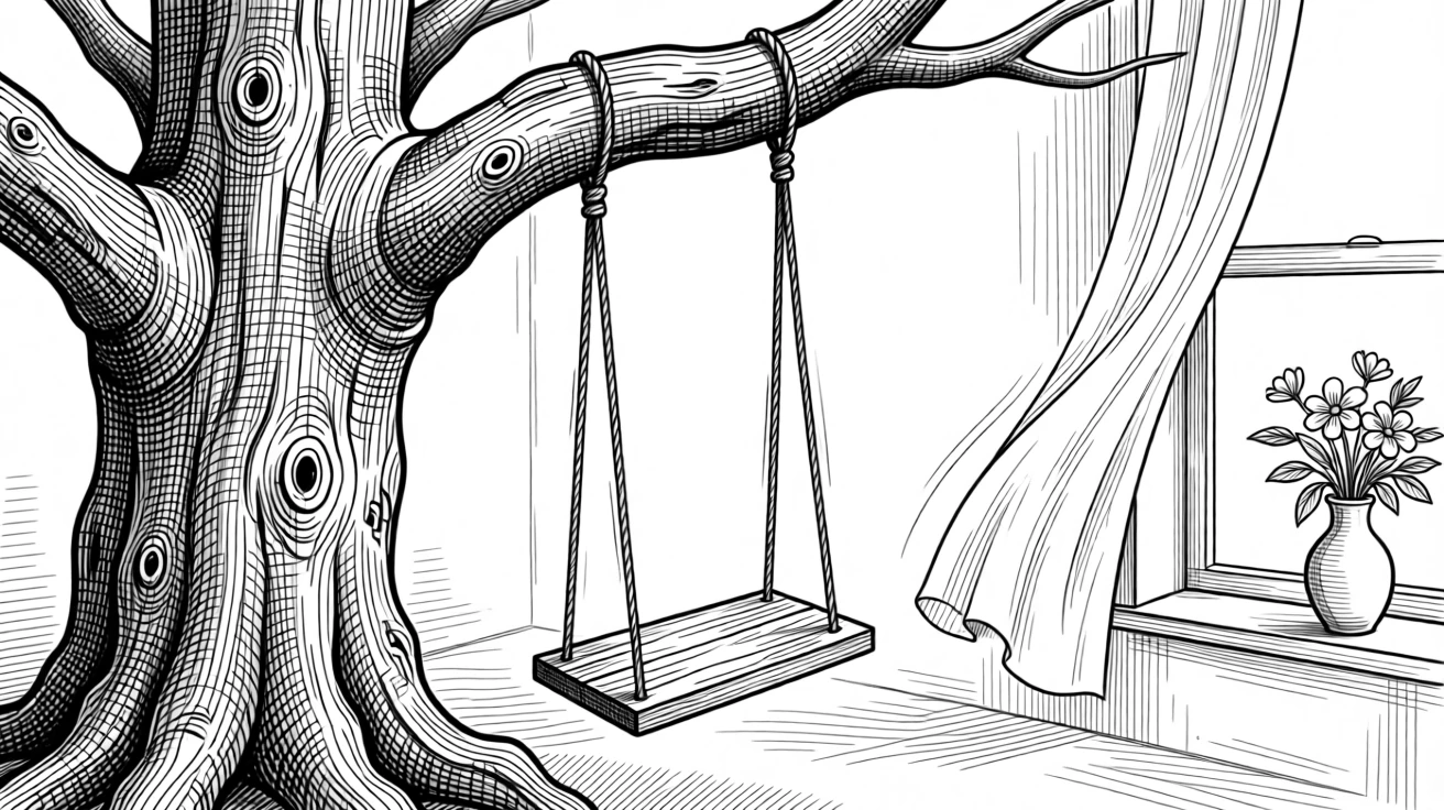 A wooden swing hanging from an old oak tree with a gentle breeze drifting through an open window, with a small vase of fresh flowers nearby, evoking a deeply peaceful sense of calm.