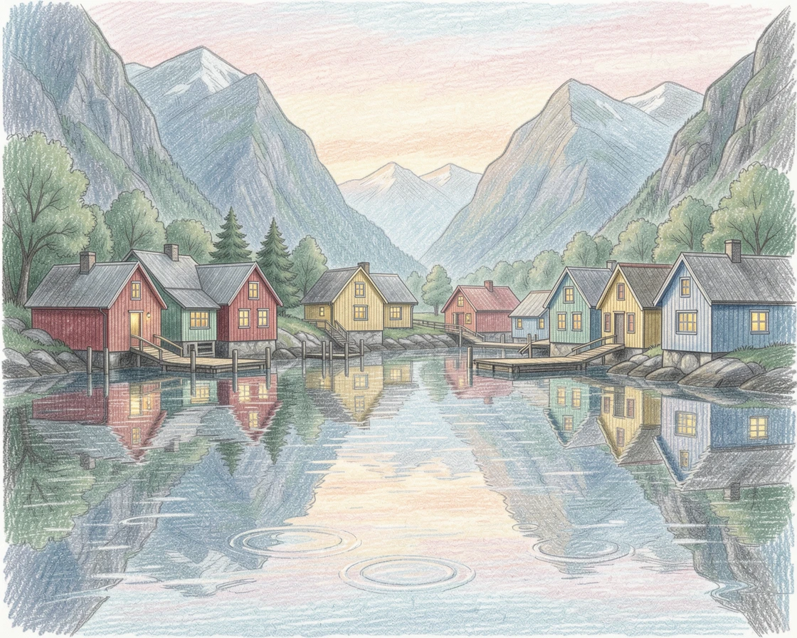 A quiet fjord village reflected perfectly in still water, captured in a quiet, intimate moment full of atmosphere, radiating comfort, joy, and quiet beauty.