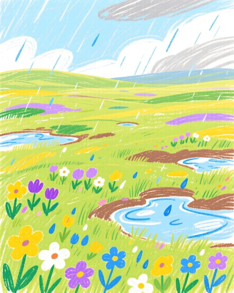A view of a tundra plain scattered with wildflowers after a spring rain.