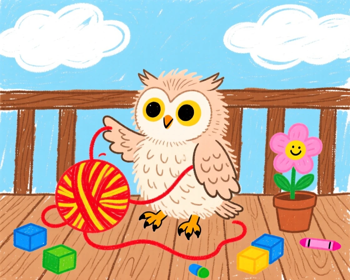 A downy owlet playing with a ball of yarn on a porch.