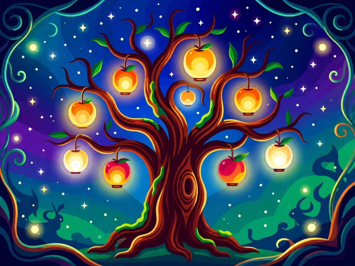 A magical tree whose branches hold glowing lanterns like fruit, set against a starry night sky filled with soft color, framed with a whimsical, imaginative composition, with rich jewel tones that evoke wonder and imagination.