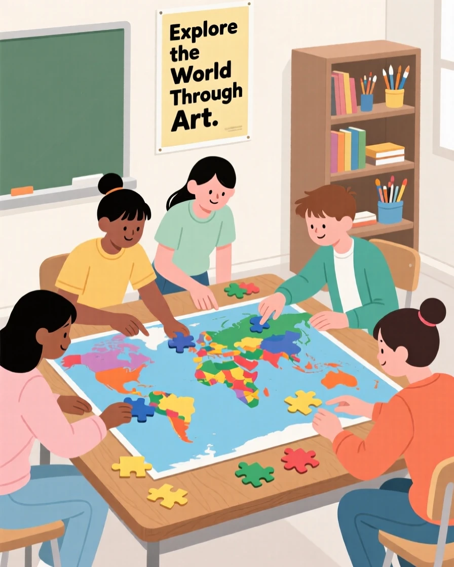 A group of students assembling a puzzle map in an art classroom.