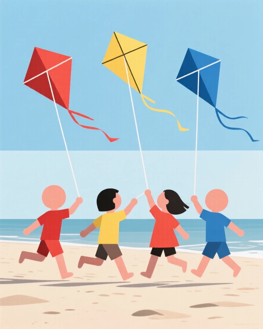 A group of children flying kites on a windy beach