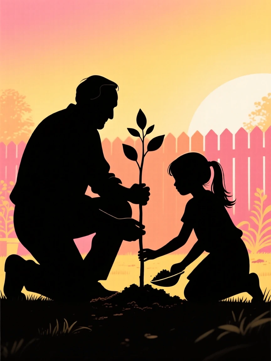 A grandfather and granddaughter planting a tree together in the backyard.