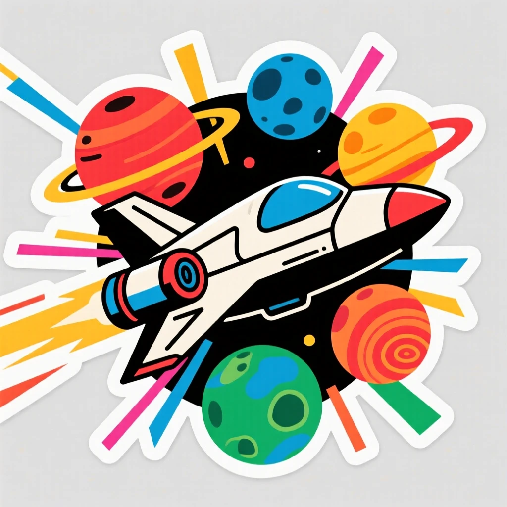 An action-packed retro spaceship cruising past colorful planets, framed by a burst of colorful energy, in a scene bursting with energy and color.