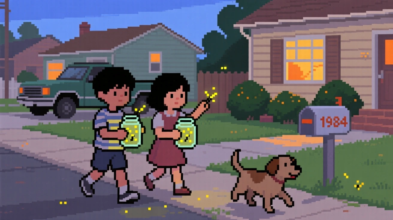 Kids catching fireflies in jars with an old dog trotting along beside them, on a quiet suburban street in the 1980s.