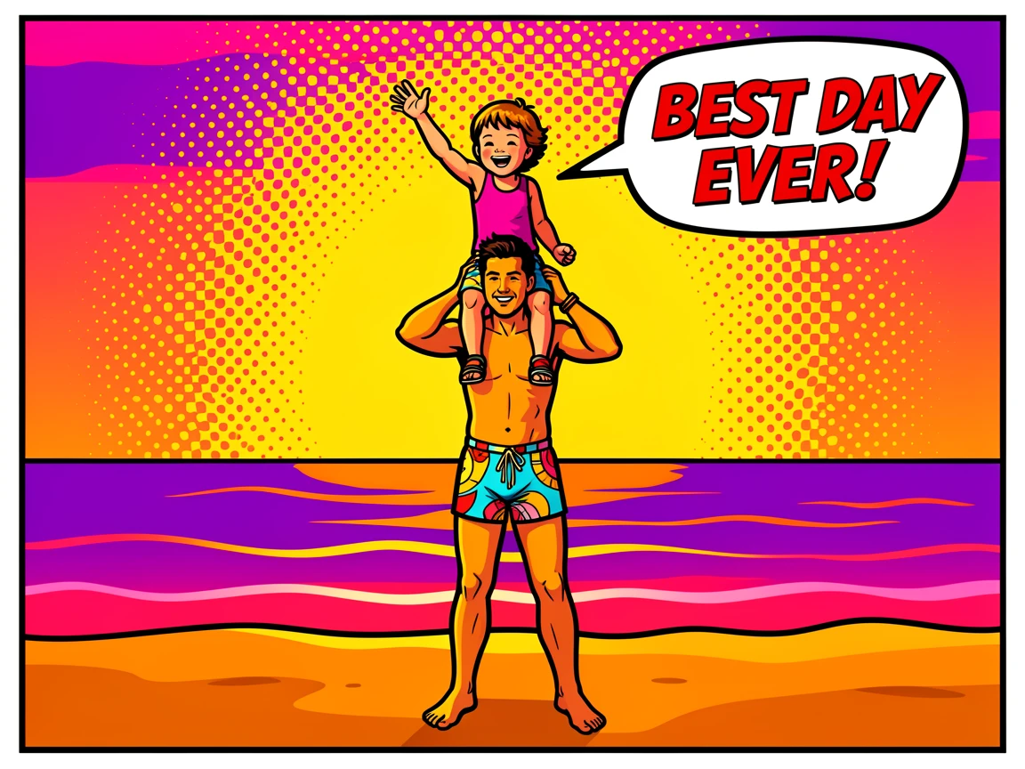 A child riding on their parent's shoulders at a sunset beach walk