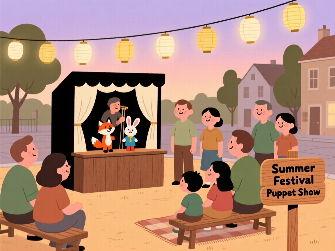 A community gathers in the town square for a summer festival, watching a puppet show beneath strings of paper lanterns as evening falls.