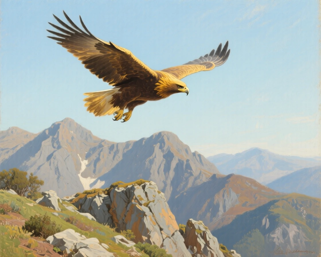 A centered composition of a golden eagle soaring above a rugged mountain ridge, at midday, in the 1950s.
