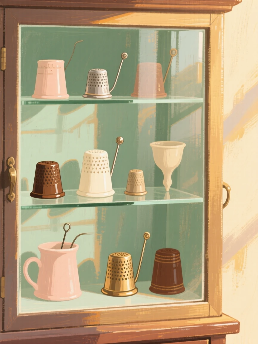 A collection of antique thimbles displayed in a glass cabinet
